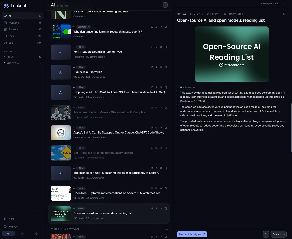 Lookout's AI feed listing Hacker News and Lobsters articles sorted by topic