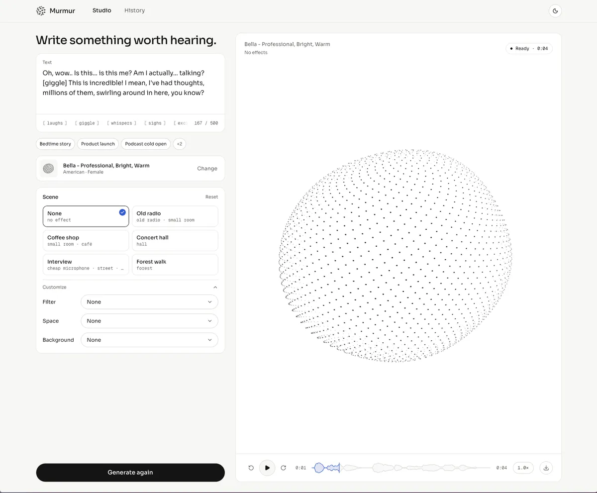 Murmur's studio with a text prompt, scene presets and a dotted particle sphere next to the audio player